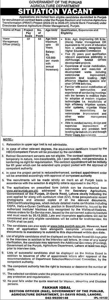 Punjab Agriculture Department Lahore Jobs 2023 – Agriculture Department Punjab Jobs 2023 — original advertisement