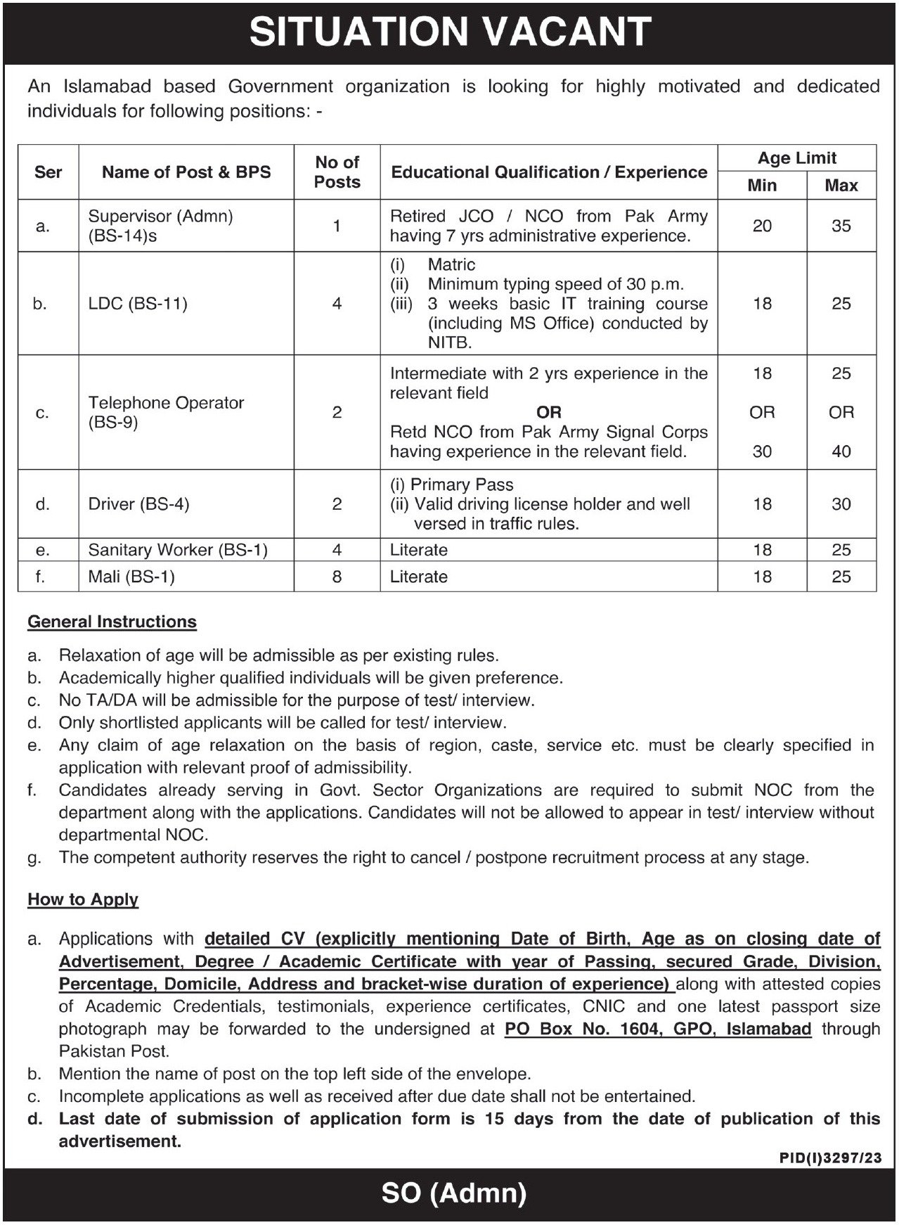 Federal Government Organization Islamabad Jobs 2023 Jobs 2023 — original advertisement