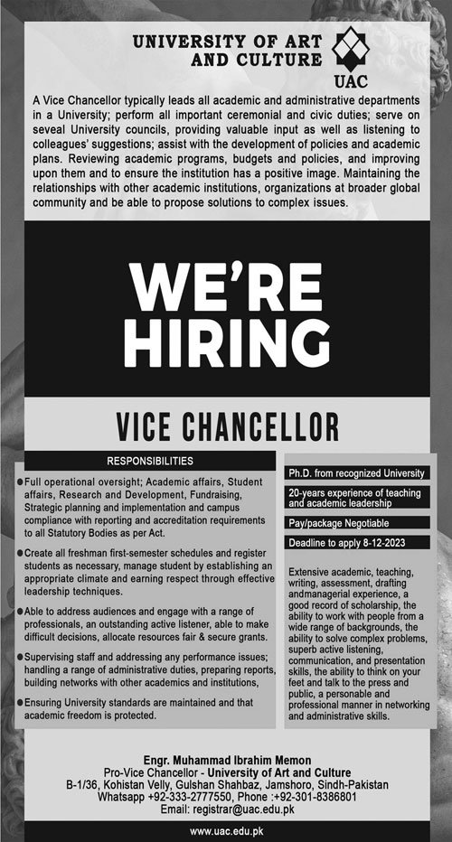 University of Art & Culture Jamshoro Sindh Jobs 2023 – Aror university of Art Architecture Design & Heritages Sukkur Jobs 2023 — original advertisement