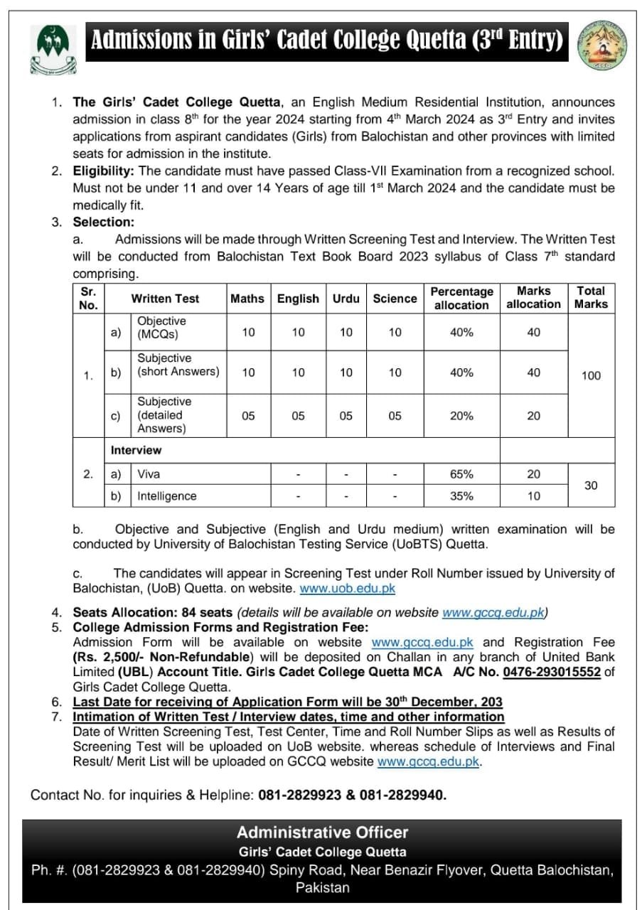 Admissions Open in Girls Cadet College Quetta 2024 Admissions 2023 — original advertisement