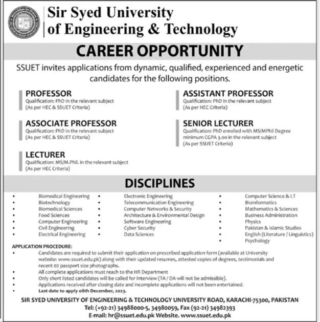 Sir Syed University Of Engineering & Technology Jobs 2023 – Sir Syed CASE Institute of Technology Jobs 2023 — original advertisement