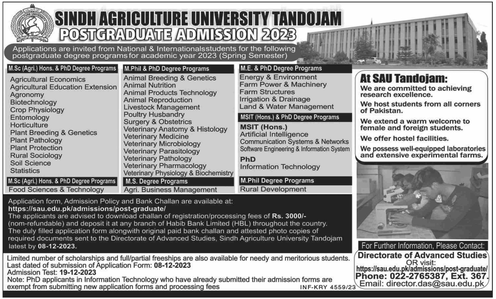 Admissions Open in Agriculture Universtty Tandojam 2023 – Sindh Agriculture University Tandojam Admissions 2023 — original advertisement