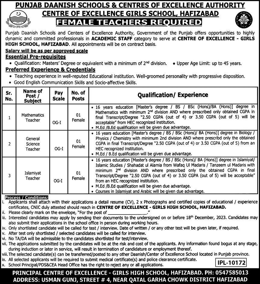 Punjab Daanish Schools Hafizabad Punjab Jobs 2023 Jobs 2023 — original advertisement