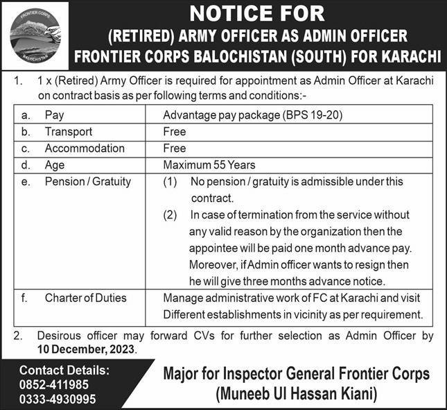 Frontier Corps Balochistan Army Officer As Admin Jobs 2023 – Frontier Corps (South) Balochistan Jobs 2023 — original advertisement
