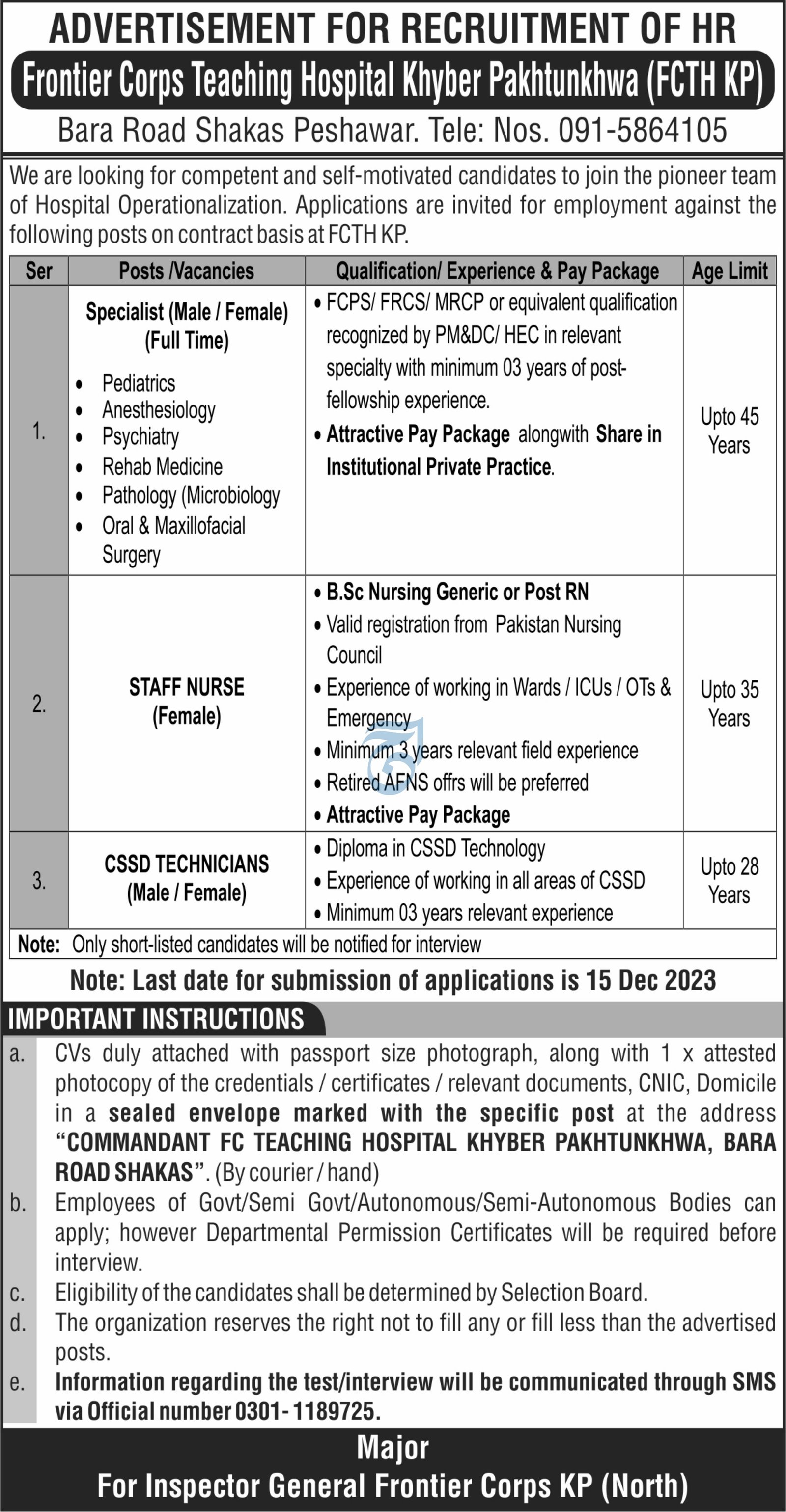 Frontier Crops Teaching Hospital Khyber Pakhtunkhwa Jobs – Frontier Corps Kpk Jobs 2023 — original advertisement