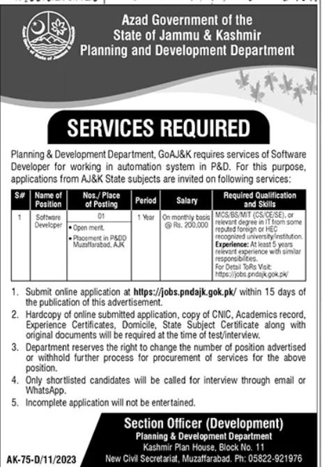 Planning And Development Deprtment Azad Jammu Kashmir Jobs – Planning & Development Department AJK Jobs 2023 — original advertisement