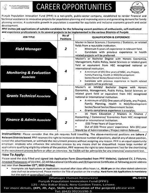 Punajb Population innovation Fund PPIF Lahore Jobs 2023 – Private Company Jobs 2023 — original advertisement