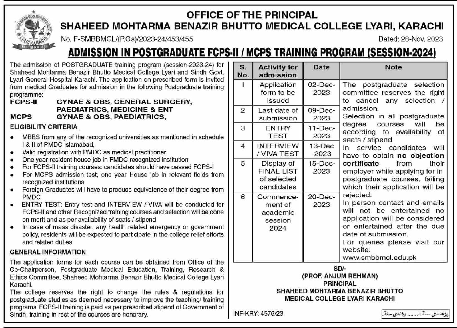 Admissions in Sheheed Mohtarma Benazir Bhutto Medical Colleg – Shaheed Mohtarma Benazir Bhutto Medical University Larkana Admissions 2023 — original advertisement