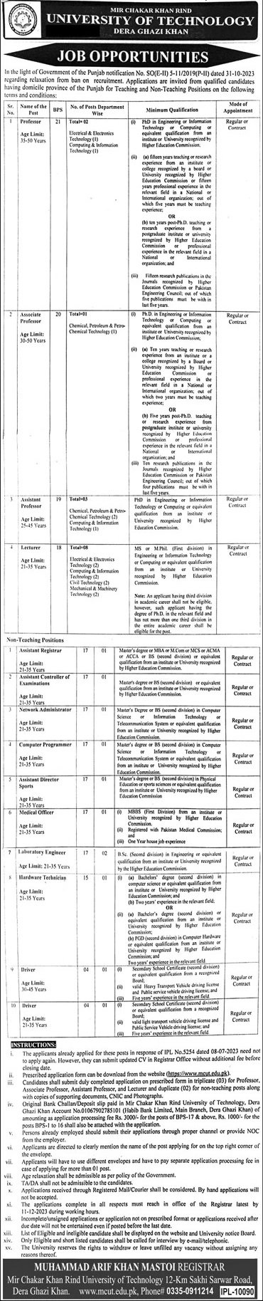 Mir Chakar Khan Rind Univesity of Technology Dg Khan Jobs – Mir Chakar Khan Rind University of Technology Dera Ghazi Khan Jobs 2023 — original advertisement