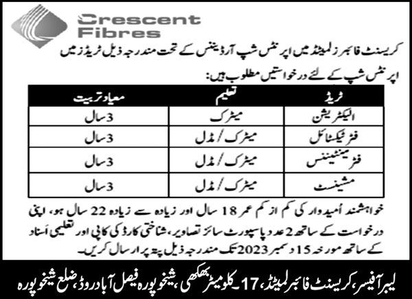 Crescent Fiber Limited Apprenticeship Sheikhupura 2023 – Private Company Jobs 2023 — original advertisement