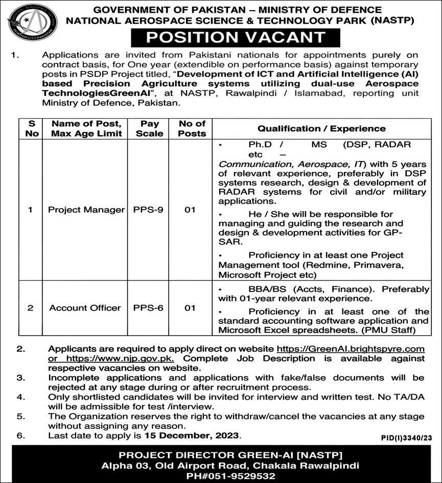National Aerospace Science & Technology Park NASTP Jobs 2023 – Ministry of Defence Pakistan Jobs 2023 — original advertisement