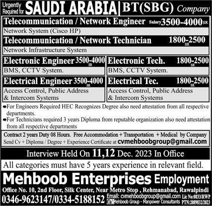 Telecommunication Engineer & Network Engineer Jobs 2023 – Mehboob Enterprises Overseas Employment Promoters Jobs 2023 — original advertisement