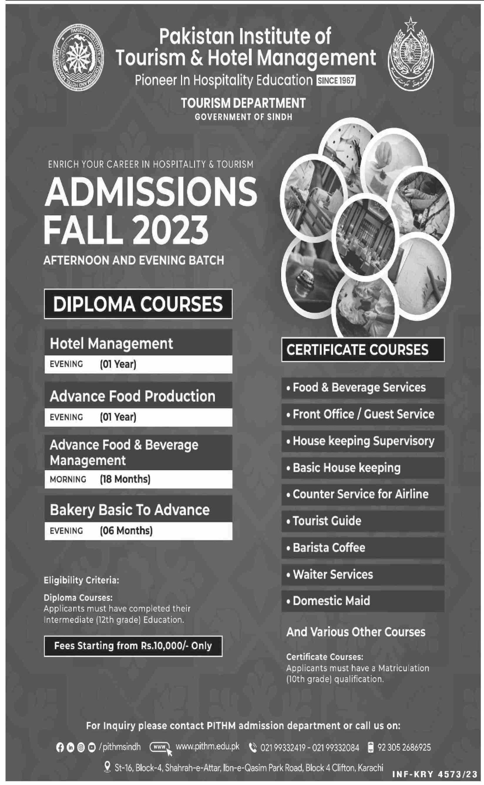 Admission open Institute of Tourism and hotel Management – Pakistan institute of tourism and Hotel Management Karachi Admissions 2023 — original advertisement