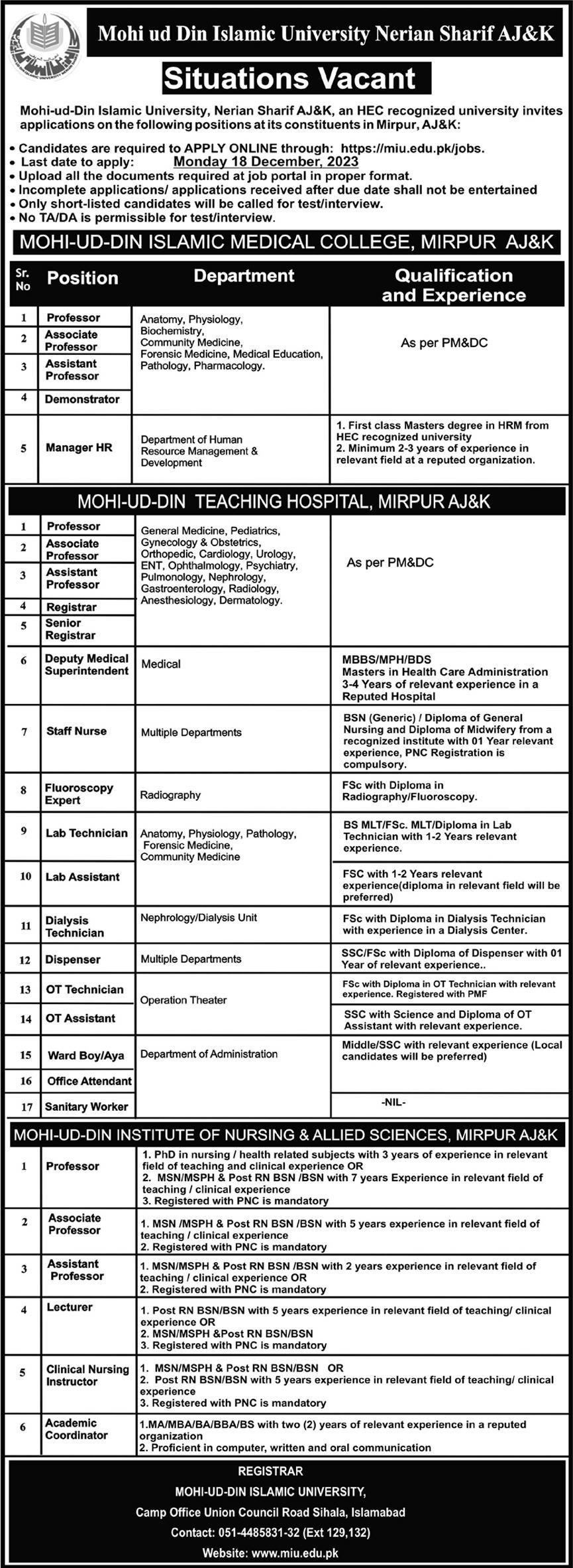 Mohi Ud Din Islamic University Jobs 2023 – Mohi-ud-Din Islamic University Nerian Sharif AJK Jobs 2023 — original advertisement