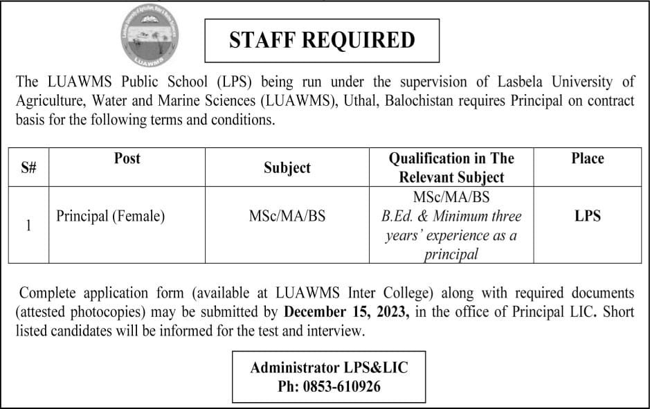 LUAWMS Public School  LPS Uthal Jobs 2023 – Lasbela University of Agriculture, Water & Marine Sciences (LUAWMS) Uthal Jobs 2023 — original advertisement