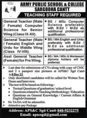 Army Public School & College Sargodha Cantt Jobs 2023 – Army Public School & College Paksitan Jobs 2023 — original advertisement