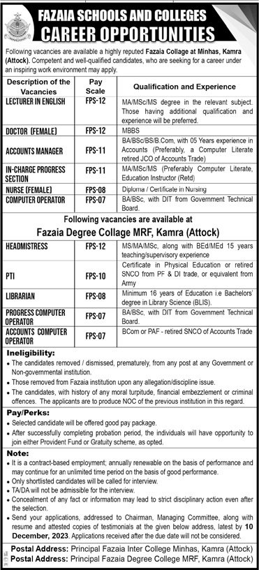 Fazaia School And College MRF kamra Attock Jobs 2023 – Fazaia Schools & Colleges Jobs 2023 — original advertisement