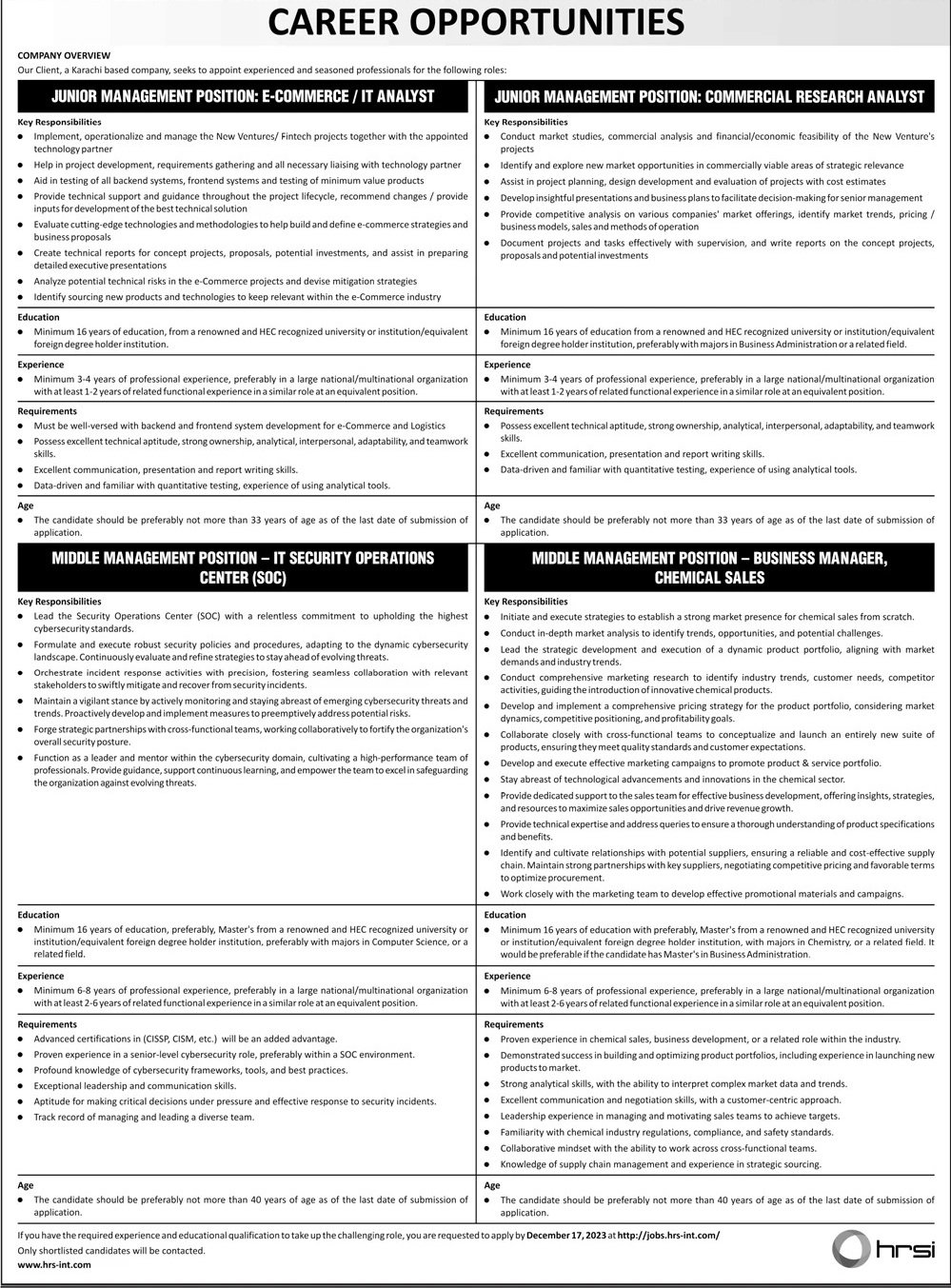 Karachi Based Company Karachi Sindh Jobs 2023 – Private Company Jobs 2023 — original advertisement
