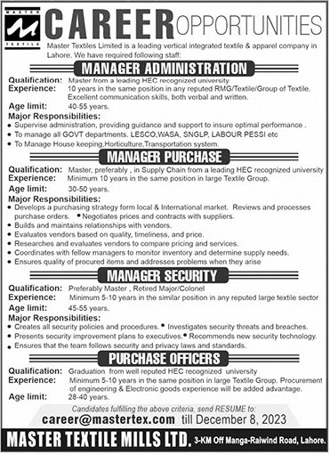 Master Textiles Limited Lahore Jobs 2023 – Private Company Jobs 2023 — original advertisement