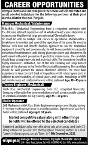 Olympia Chemical Limited District Khusab Punjab Jobs 2023 – Olympia Chemicals Limited Jobs 2023 — original advertisement