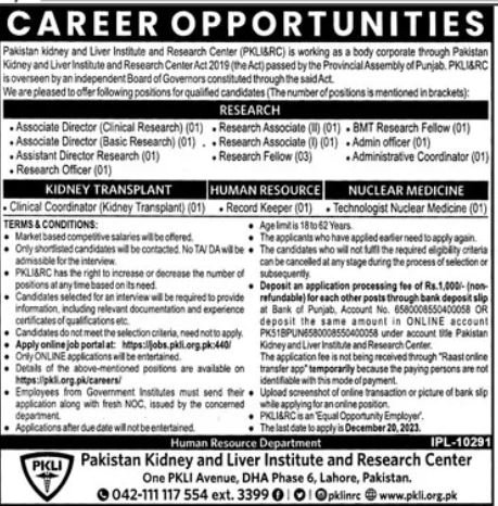Pakistan Kidney And Lever Institute And Research Jobs 2023 – Pakistan Kidney And Liver Institute (PKLI) And Research Centre Lahore Jobs 2023 — original advertisement