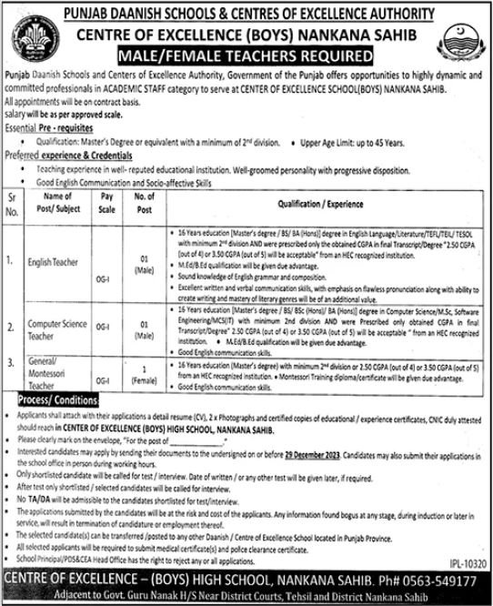 Punjab Daanish Schools & Centres Nankana Sahib Jobs Jobs 2023 — original advertisement