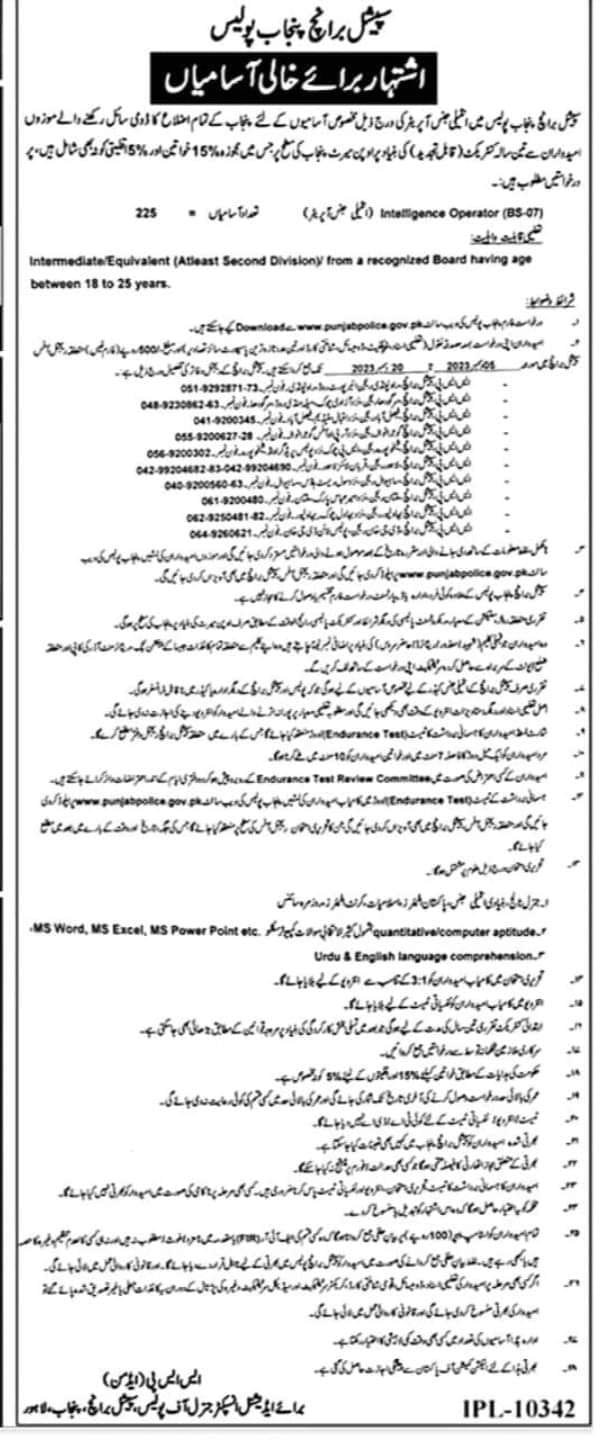 Special Branch Punjab Police Department Jobs 2023 Jobs 2023 — original advertisement