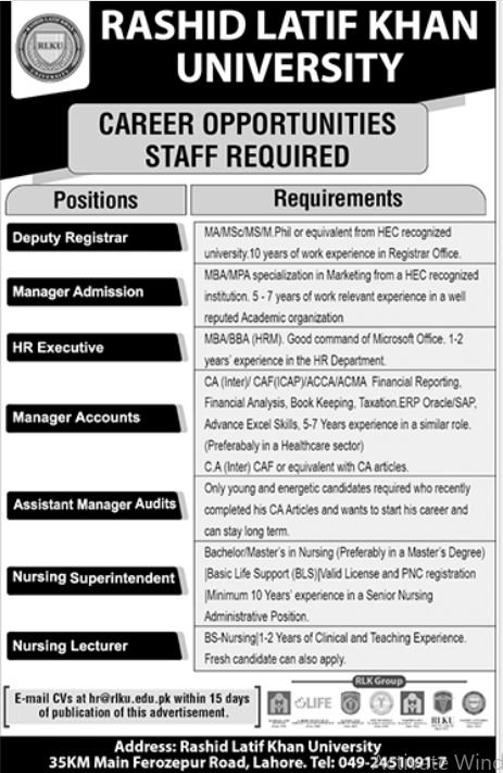 Rashid Laif Khan Universtiy Lahore Jobs 2023 – Rashid Latif Khan University Admissions 2023 — original advertisement