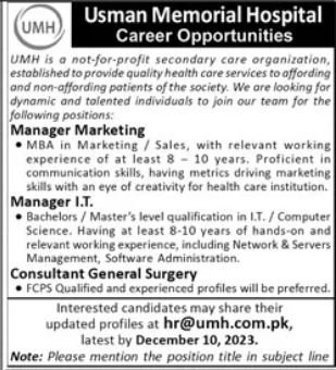 Usman Memorial Hospital UMH Karachi Jobs 2023 – Usman Institute Of Technology UIT Karachi Jobs 2023 — original advertisement