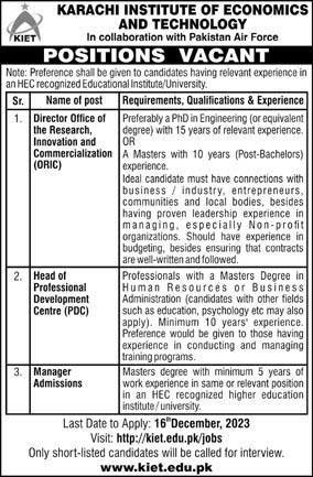 Karachi Institute Of Economics And Technology Kiet Jobs 2023 Admissions 2023 — original advertisement