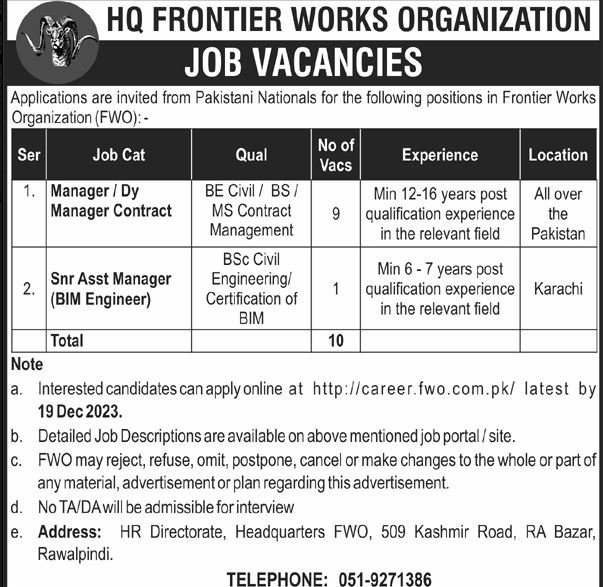 HQ Frontier Works Organization Rawalpinidi Jobs 2023 Jobs 2023 — original advertisement