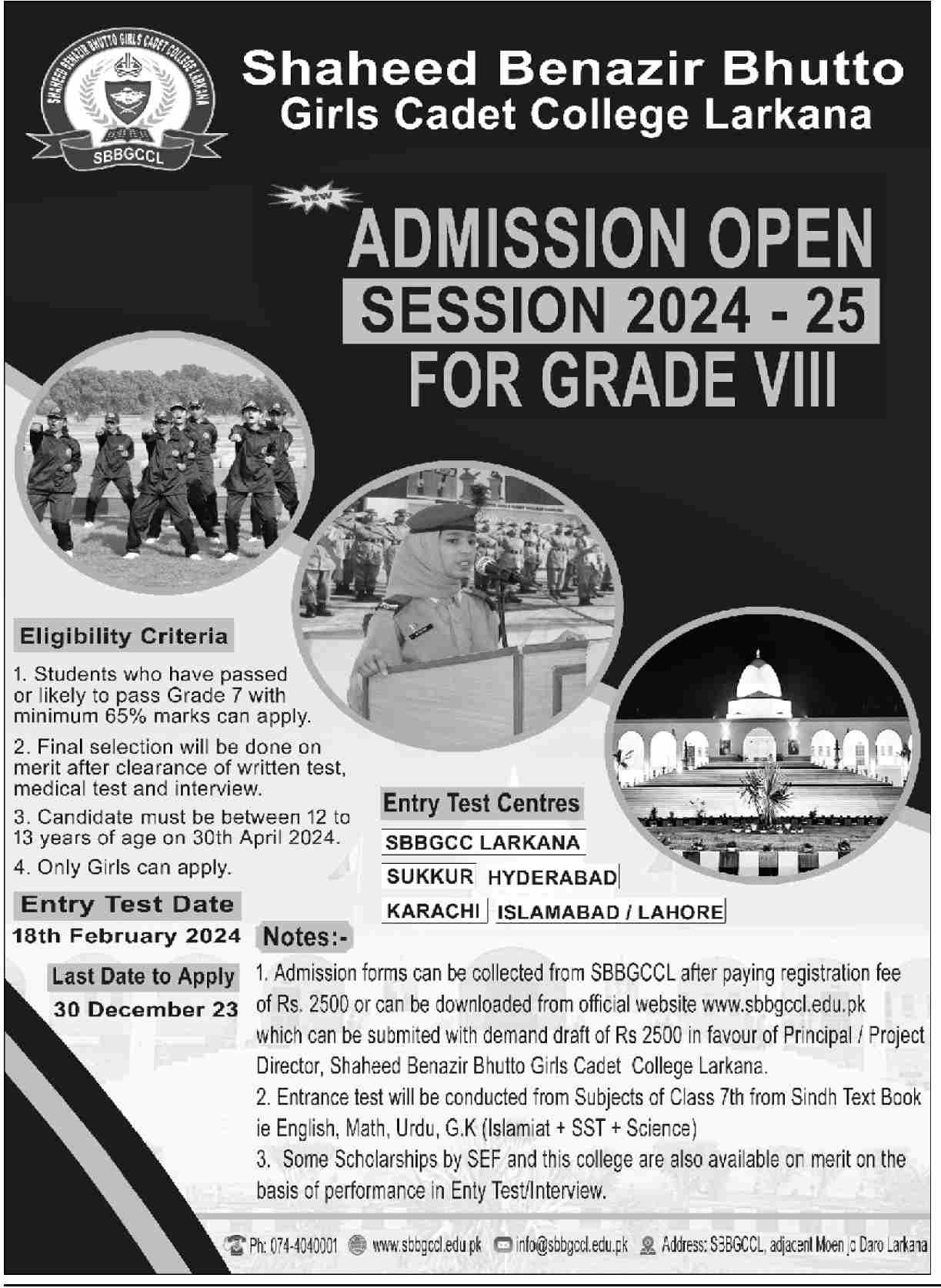 Admisisons Open in Benazir Bhutto Girls Cadet College Larkan – Shaheed Benazir Bhutto Girls Cadet College Larkana Jobs 2023 — original advertisement