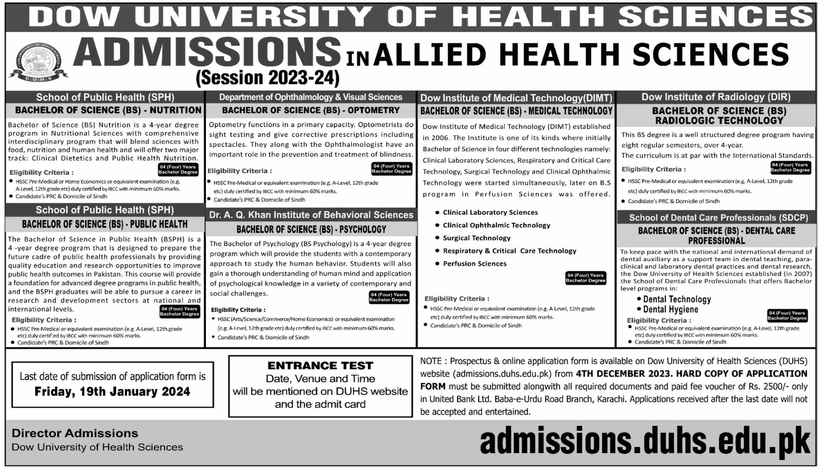 Admissions Open in Dow University of Health Sciences – Dow University of Health Sciences Karachi Admissions 2023 — original advertisement