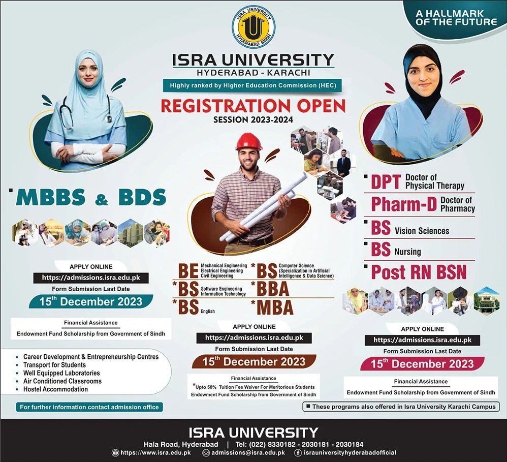 Admissions Open in Isra University 2023 – Isra University Karachi Admissions 2023 — original advertisement