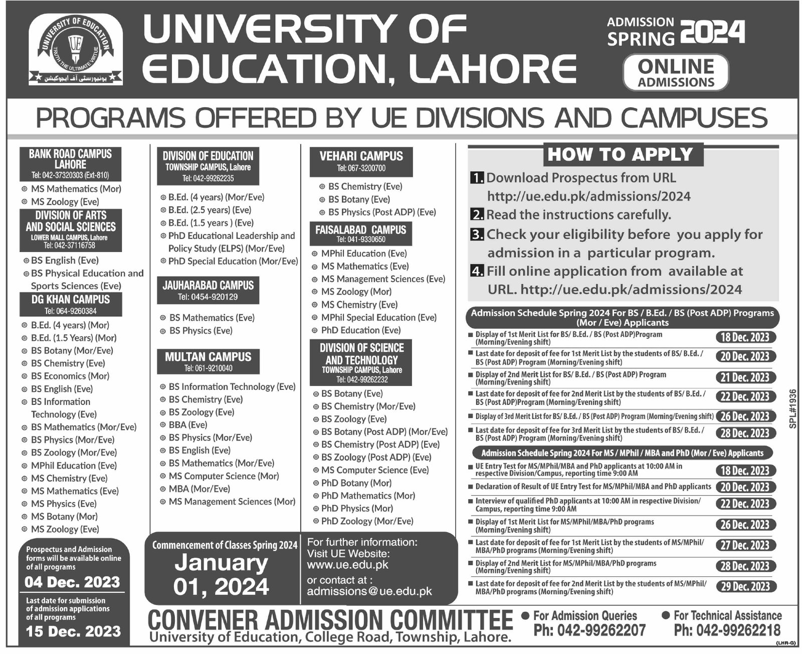 Admissions Open in University of Education Lahore 2024 Admissions 2023 — original advertisement