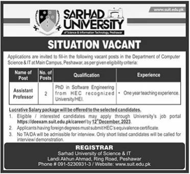 Sarhad University of Science & Information Technology Jobs – Sarhad University of Science and Information Technology Peshawar Jobs 2023 — original advertisement