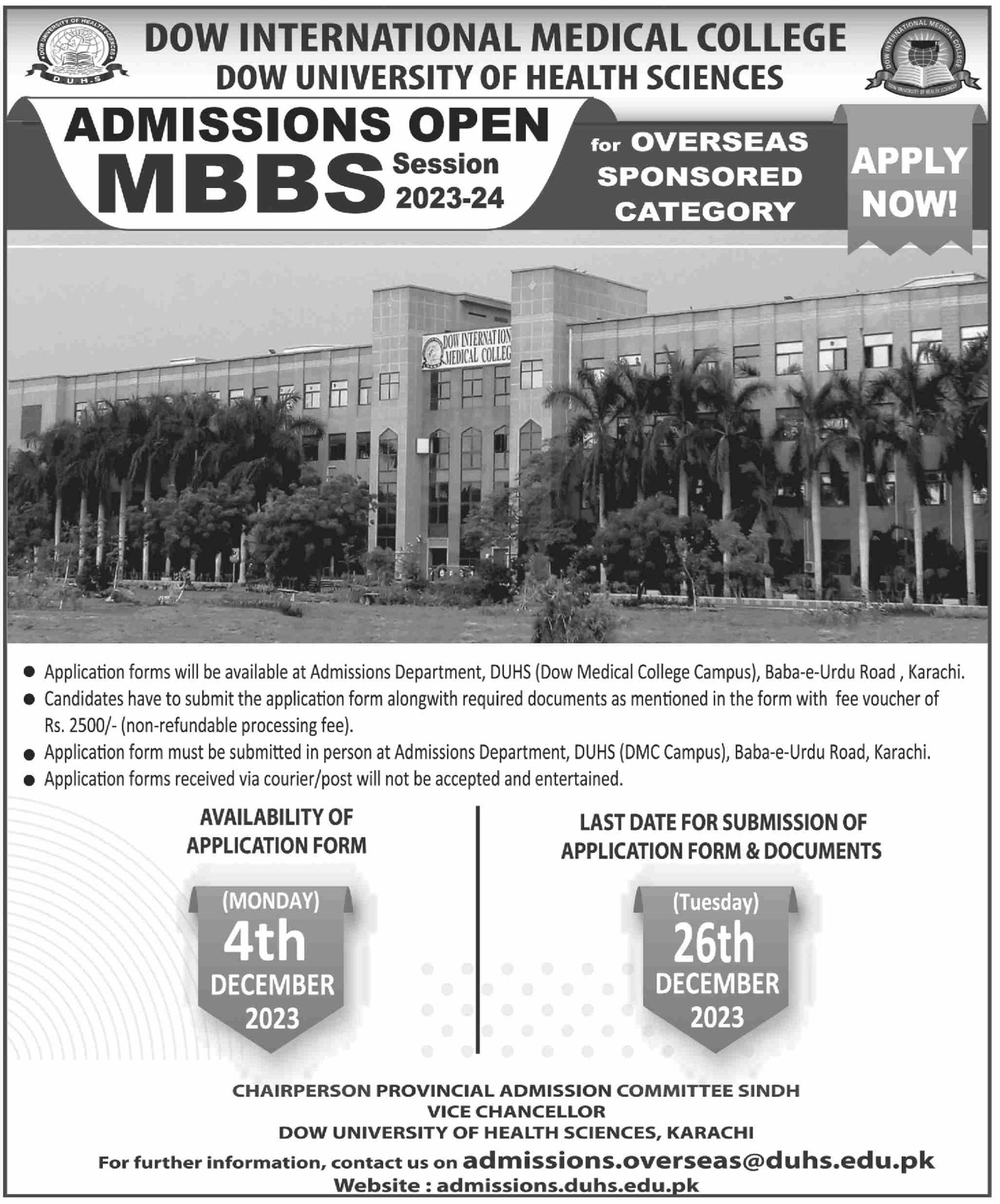 Admissions Open in Dow International Medical College Karachi – Dow University of Health Sciences Karachi Admissions 2023 — original advertisement