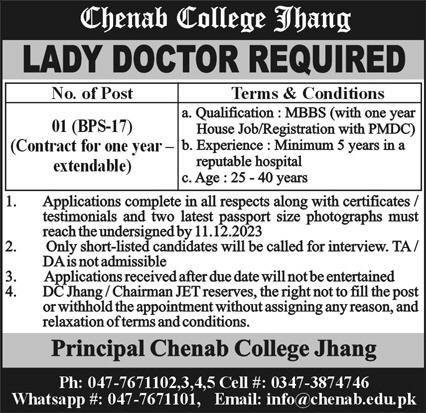 Chenab College Jhang Punjab Jobs 2023 Jobs 2023 — original advertisement