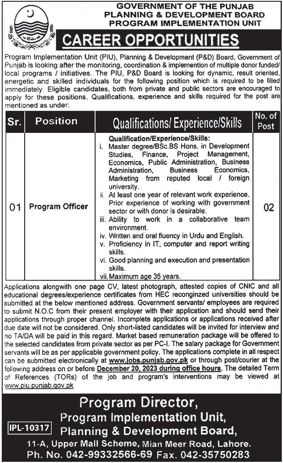 Planning & Development Board Lahore Jobs 2023 – Planning & Development Board Punjab Jobs 2023 — original advertisement