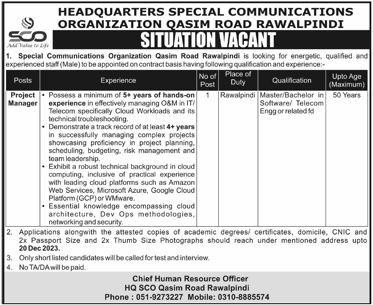 Special Communications Organization SCO Rawalpindi Jobs – Special Communication Organization Jobs 2023 — original advertisement