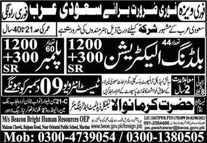 Building Electrician And Plumber Jobs In Saudi Arabia 2023 – Hazrat Karmanwala Technical Trade Test & Training Center Jobs 2023 — original advertisement