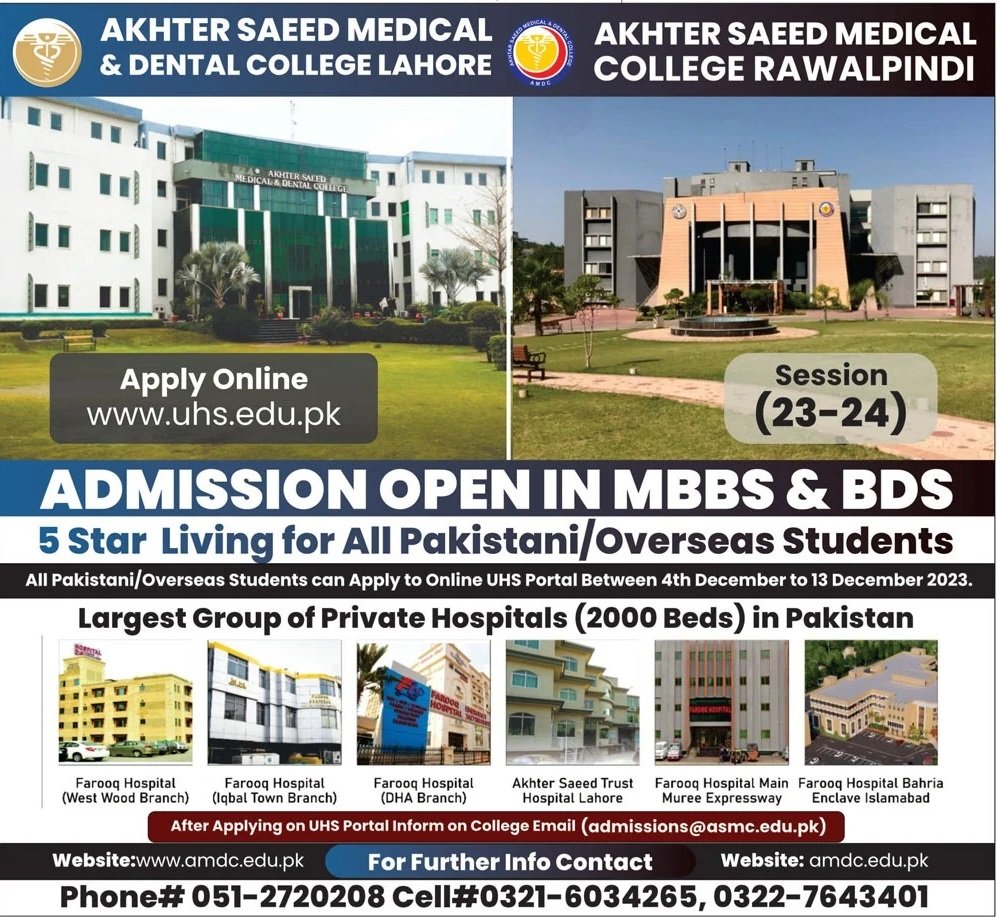 Admissions Open in Akhtar Saeed Medical College Punjab 2023 – Akhtar Saeed Medical And Dental College Admissions 2023 — original advertisement