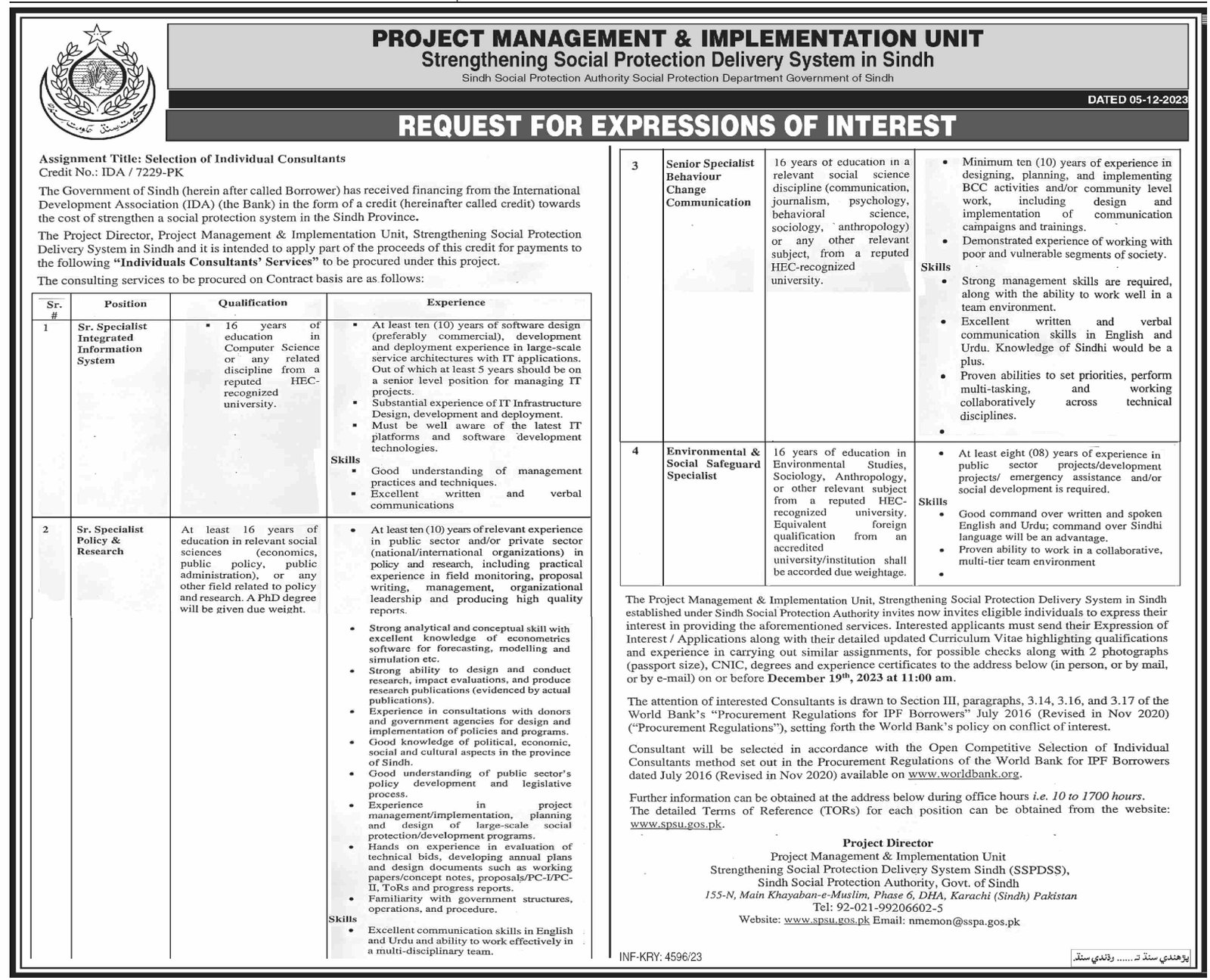 Project Management & Implementation Unit PMU Karachi Jobs – Govt of Sindh Jobs 2023 — original advertisement
