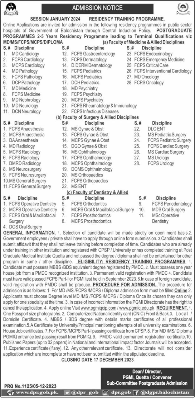 Admissions open Residency Training Programme 2024 – Health Department Balochsitan Admissions 2023 — original advertisement