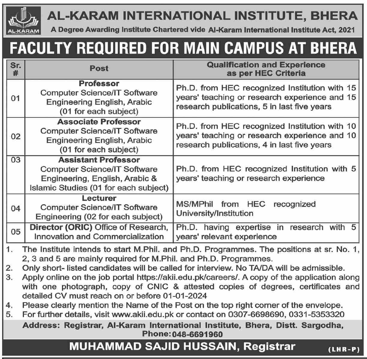 Al Karam International Institute Bhera Jobs 2024 Jobs 2023 — original advertisement
