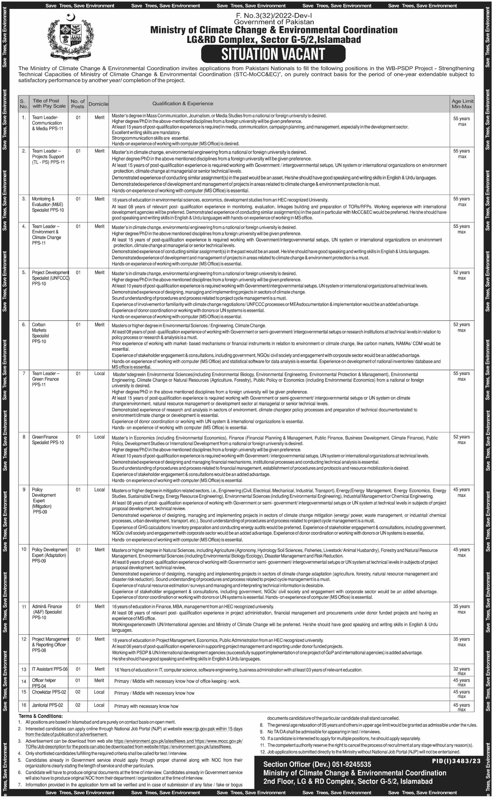 Ministry of Climate Change & Environmental Coordination Jobs Jobs 2023 — original advertisement