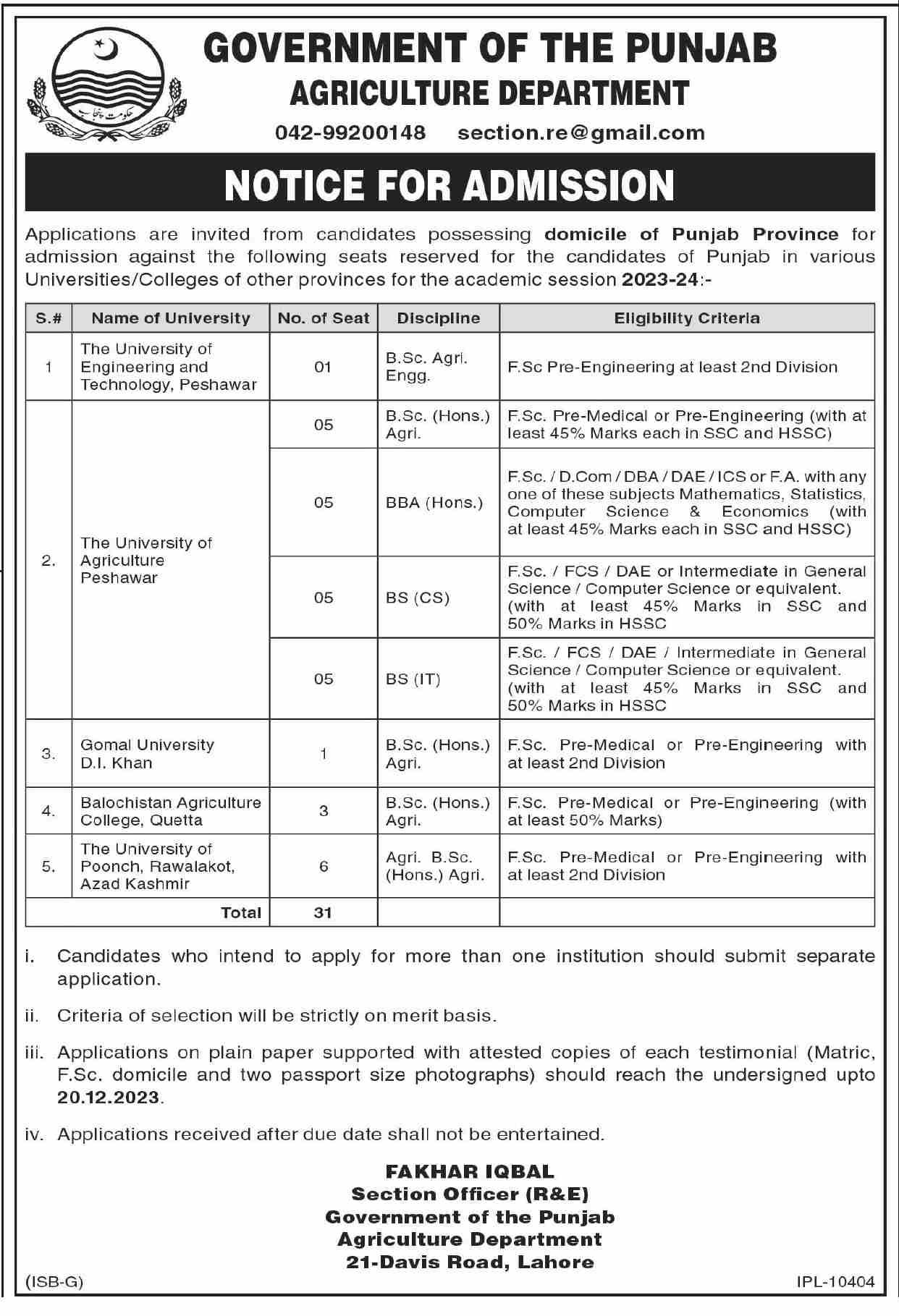 Admissions Open in Agriculture Department Punjab 2023-24 Admissions 2023 — original advertisement