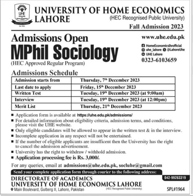 Admissions Open in Univesity of Home Economics Lahore 2023 – University of Home Economics Lahore Admissions 2023 — original advertisement