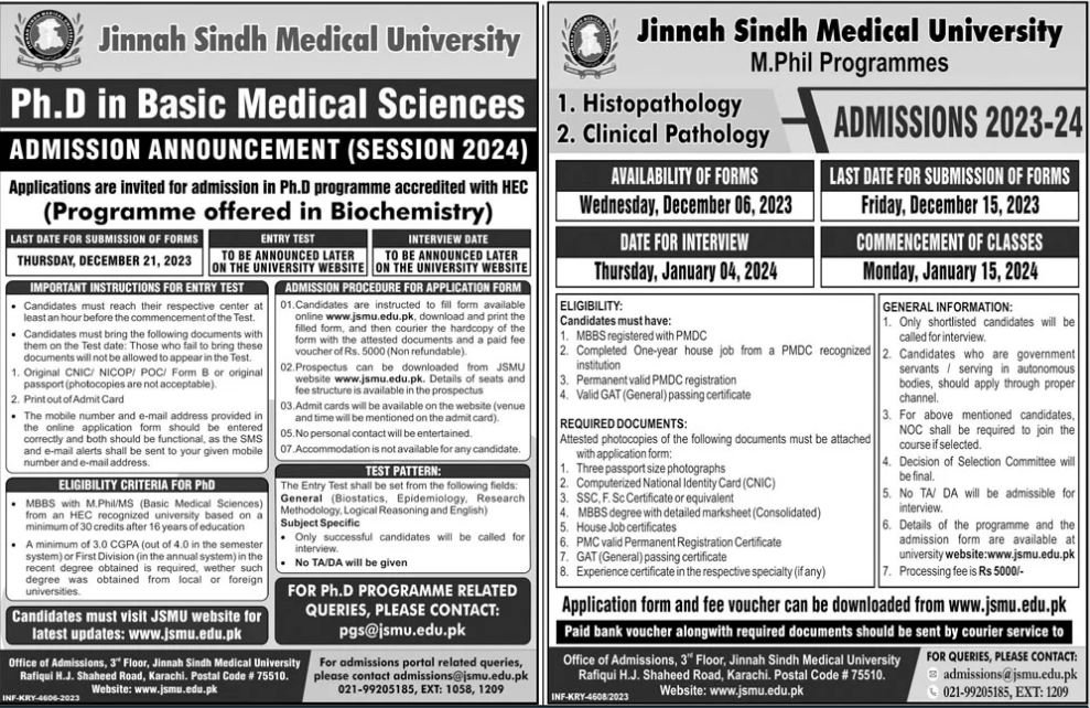Admissions Open in Jinnah Sindh Medical University karachi Admissions 2023 — original advertisement