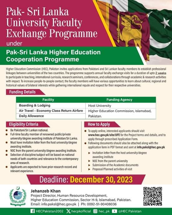 Pak-Sri Lanka university Faculty Exchange Programme – Higher Education Commission Islamabad Jobs 2023 — original advertisement
